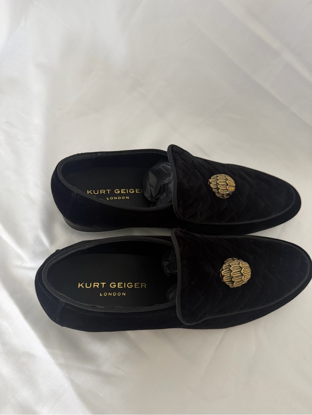 Kurt Geiger Black Quilted Velvet Loafers with Gold Medallion